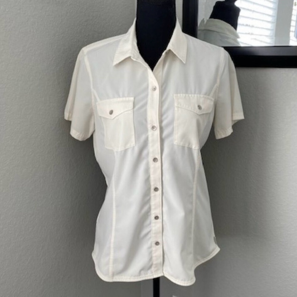 EDDIE BAUER Travex Women's Ivory Snow Short Sleeve Departure Shirt Medium